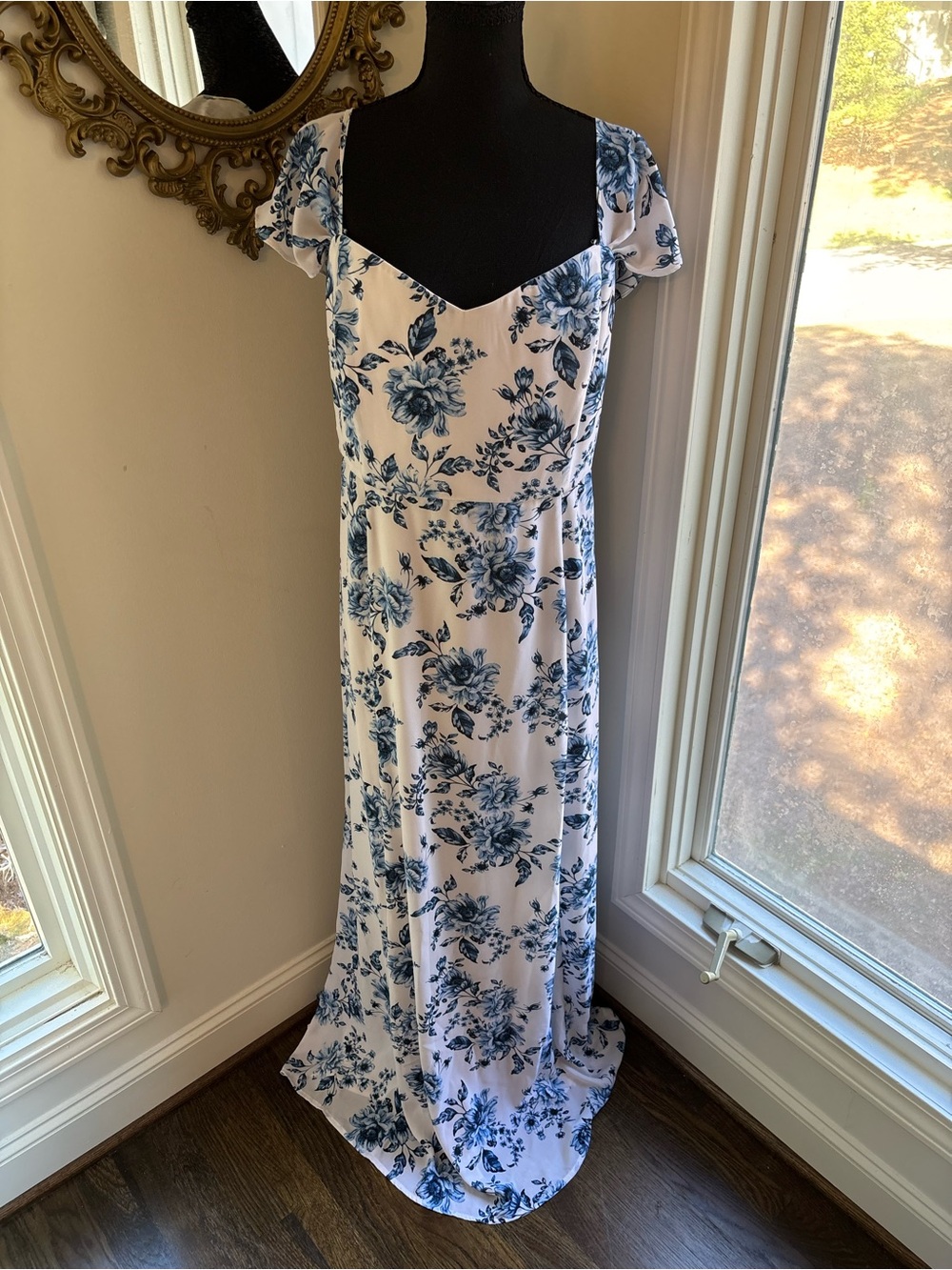 Wayf White and Blue Floral Floor Length Gown